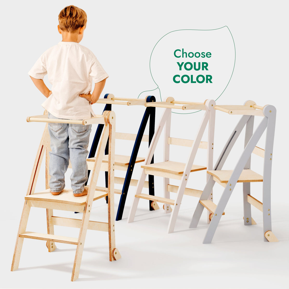 Folding Growing Chair – Montessori Step Stool with Safety Rails for Toddlers – Beige