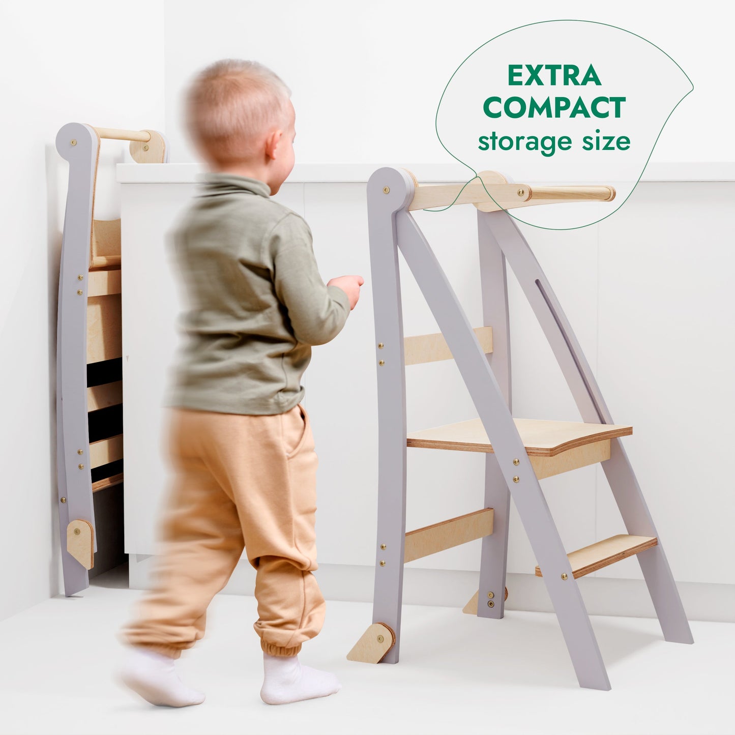 Folding Helping Stool – Montessori Growing Chair with Safety Rails for Toddlers – Grey