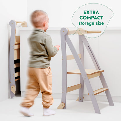 Folding Helping Stool – Montessori Growing Chair with Safety Rails for Toddlers – Grey