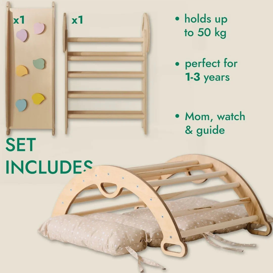 4in1 Montessori Climbing Frame: Pikler Triangle + Arch + Slide Board + Cushion for Toddlers (1–3 Years) - Ivory