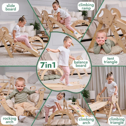 4in1 Montessori Climbing Frame: Pikler Triangle + Arch + Slide Board + Cushion for Toddlers (1–3 Years)