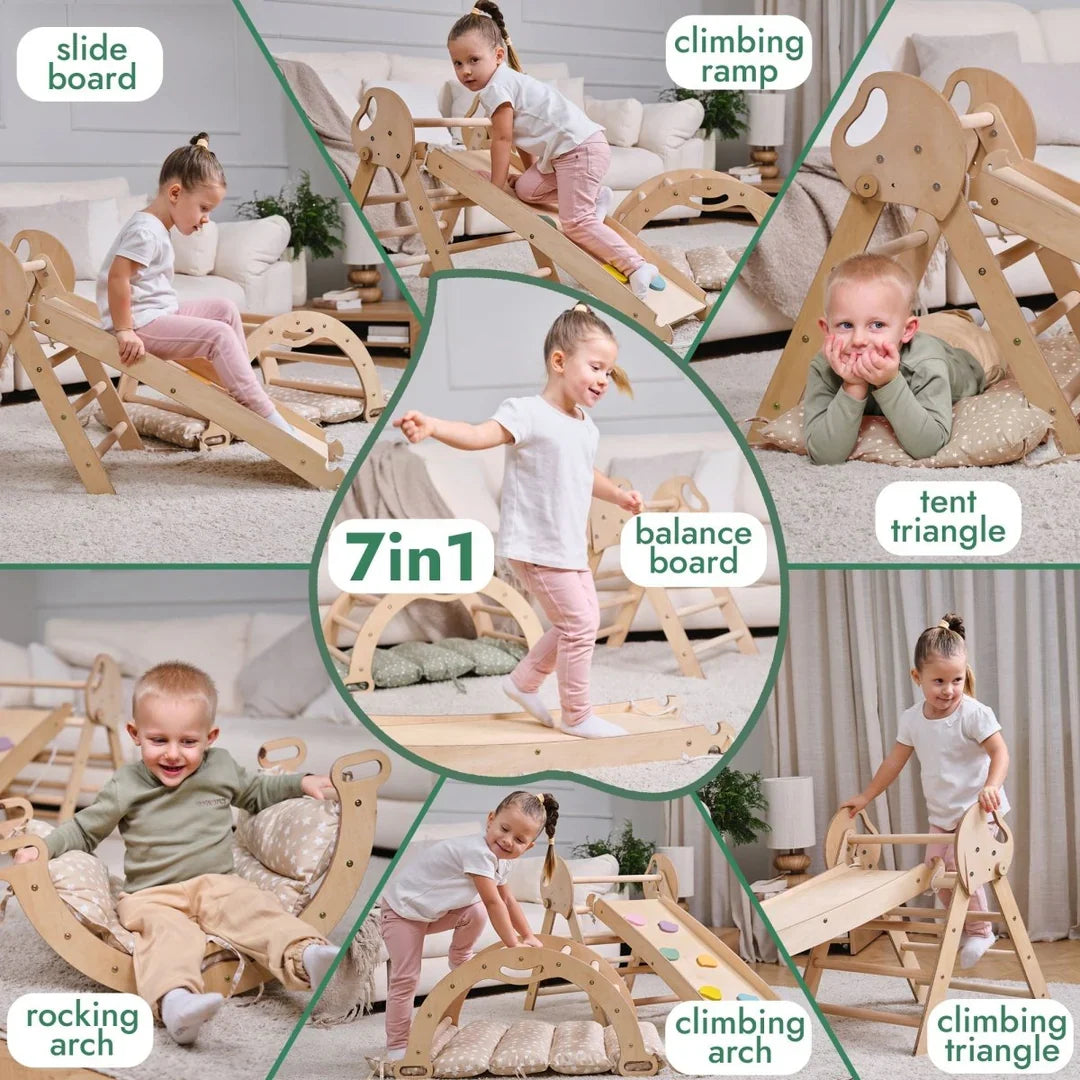 4in1 Montessori Climbing Frame: Pikler Triangle + Arch + Slide Board + Cushion for Toddlers (1–3 Years) - Ivory
