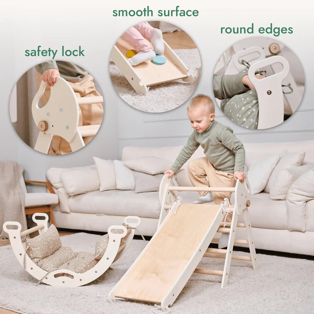 4in1 Montessori Climbing Frame: Pikler Triangle + Arch + Slide Board + Cushion for Toddlers (1–3 Years) - Ivory