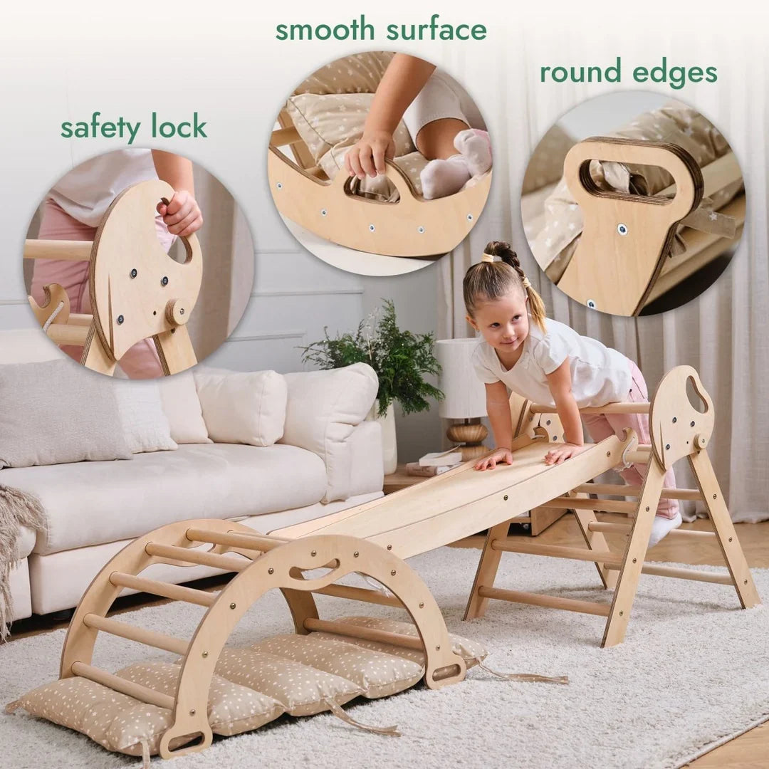 4in1 Montessori Climbing Frame: Pikler Triangle + Arch + Slide Board + Cushion for Toddlers (1–3 Years) - Ivory